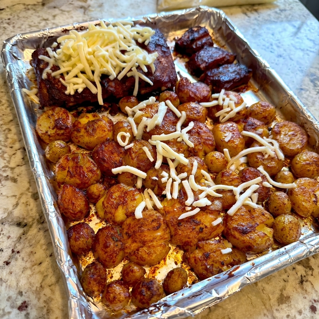 Se esparce queso blanco rallado sobre una bandeja de costillas glaseadas a la barbacoa y patatas doradas machacadas.