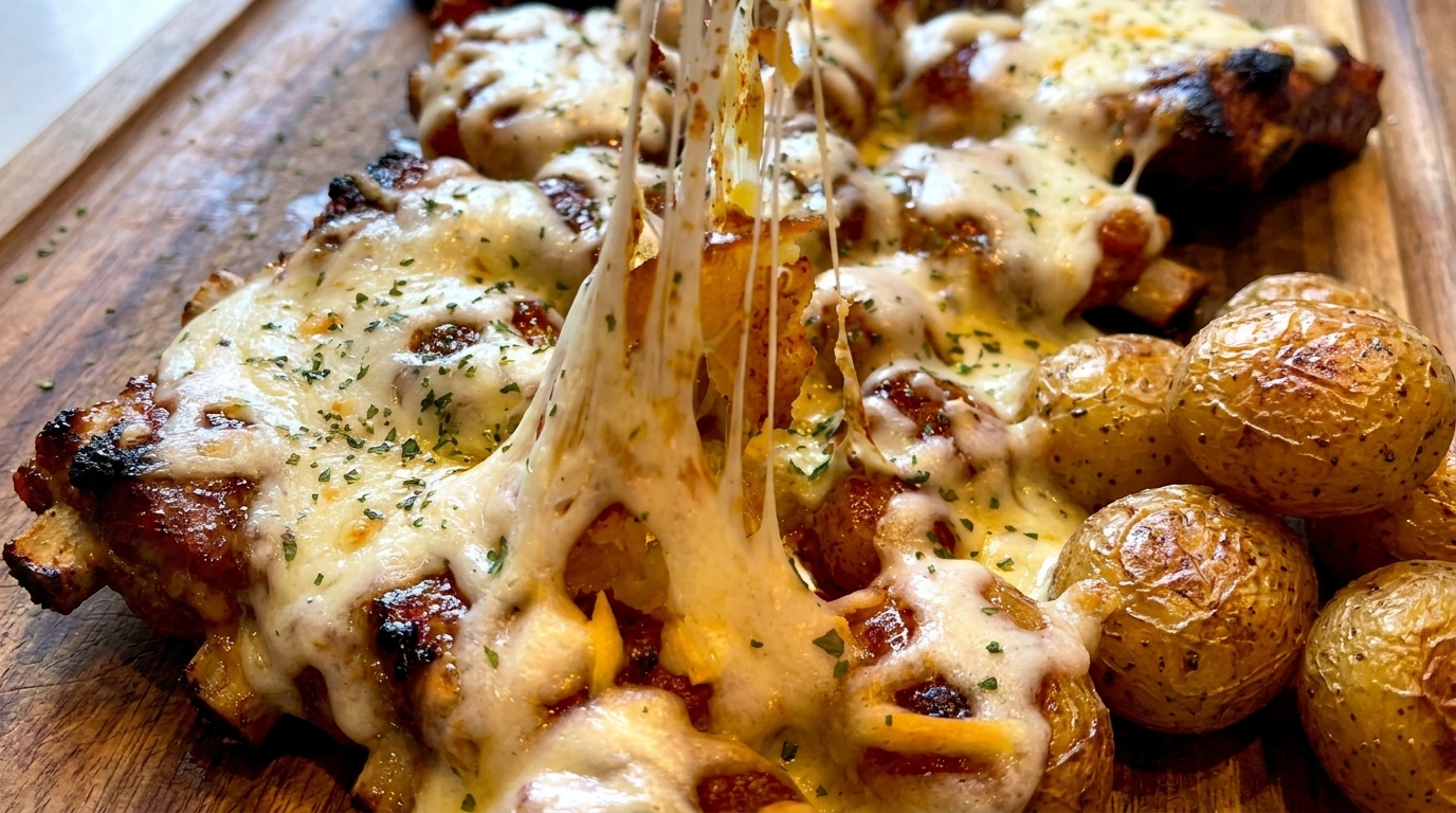 Costillas con Queso al Estilo Kansas y Patatas Machacadas al Horno