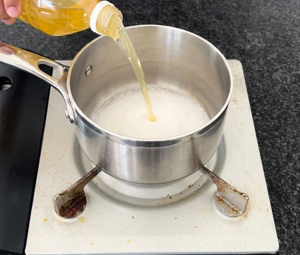 Una persona vertiendo vinagre de sidra de manzana transparente desde una botella de plástico en una pequeña olla de metal que ya contiene una capa de azúcar blanco granulado.