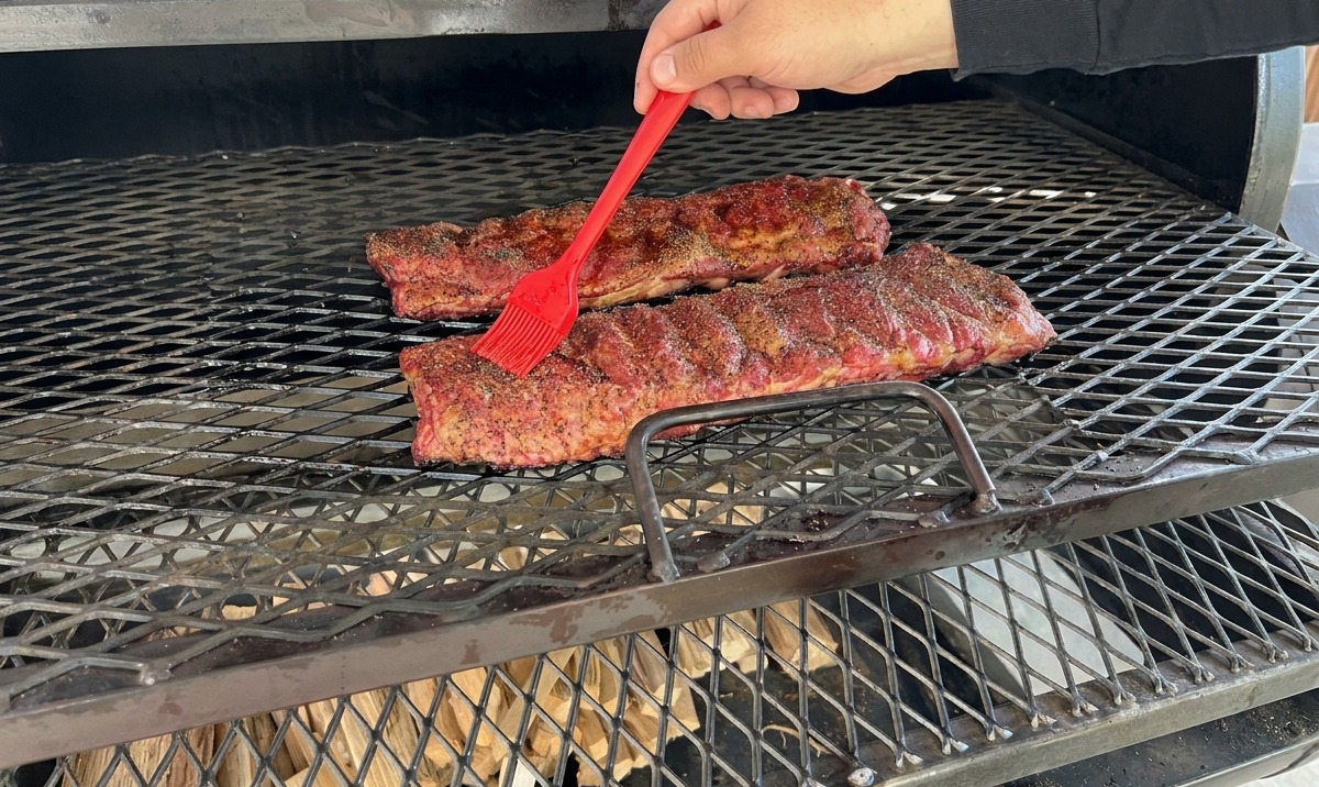 Una brocha de cocina roja siendo utilizada para aplicar salsa a dos grandes costillares de cerdo que se cocinan sobre las rejillas de un ahumador de leña.