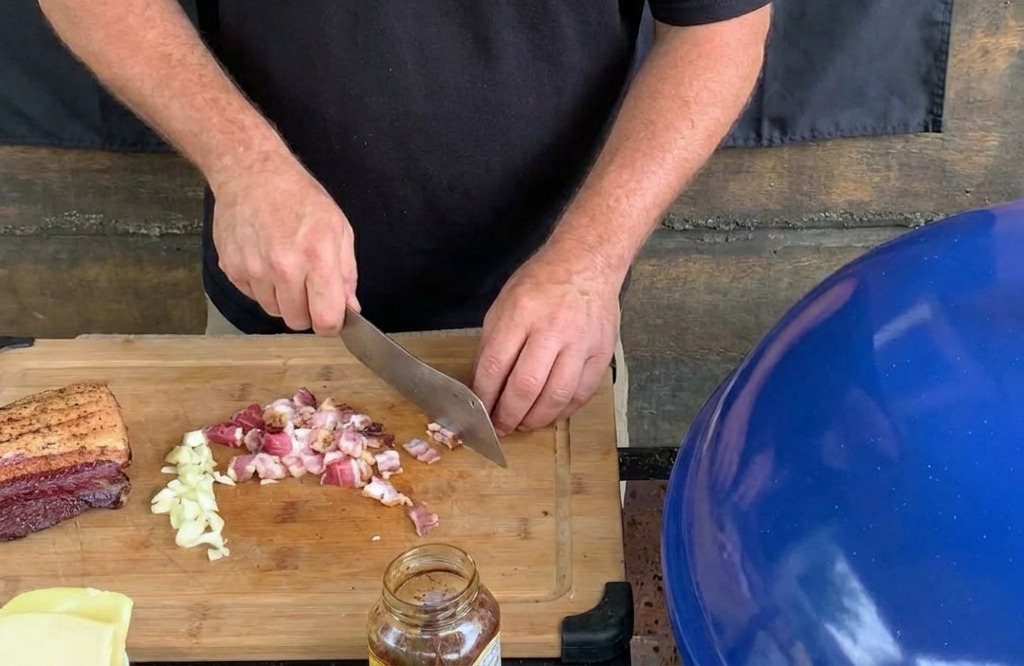 Una persona usando un gran cuchillo de chef para picar tocino de corte grueso y cebollas blancas en una tabla de cortar de madera.