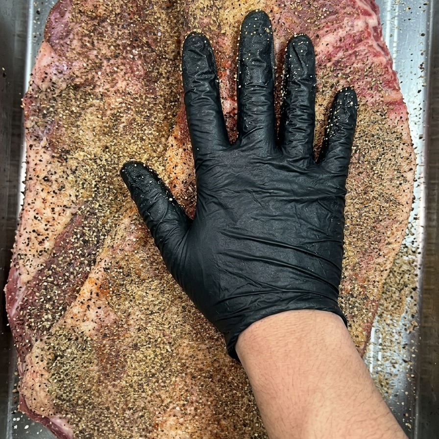 Una persona con guantes de nitrilo negros presionando una capa densa de pimienta negra y sal en la superficie de un brisket crudo.