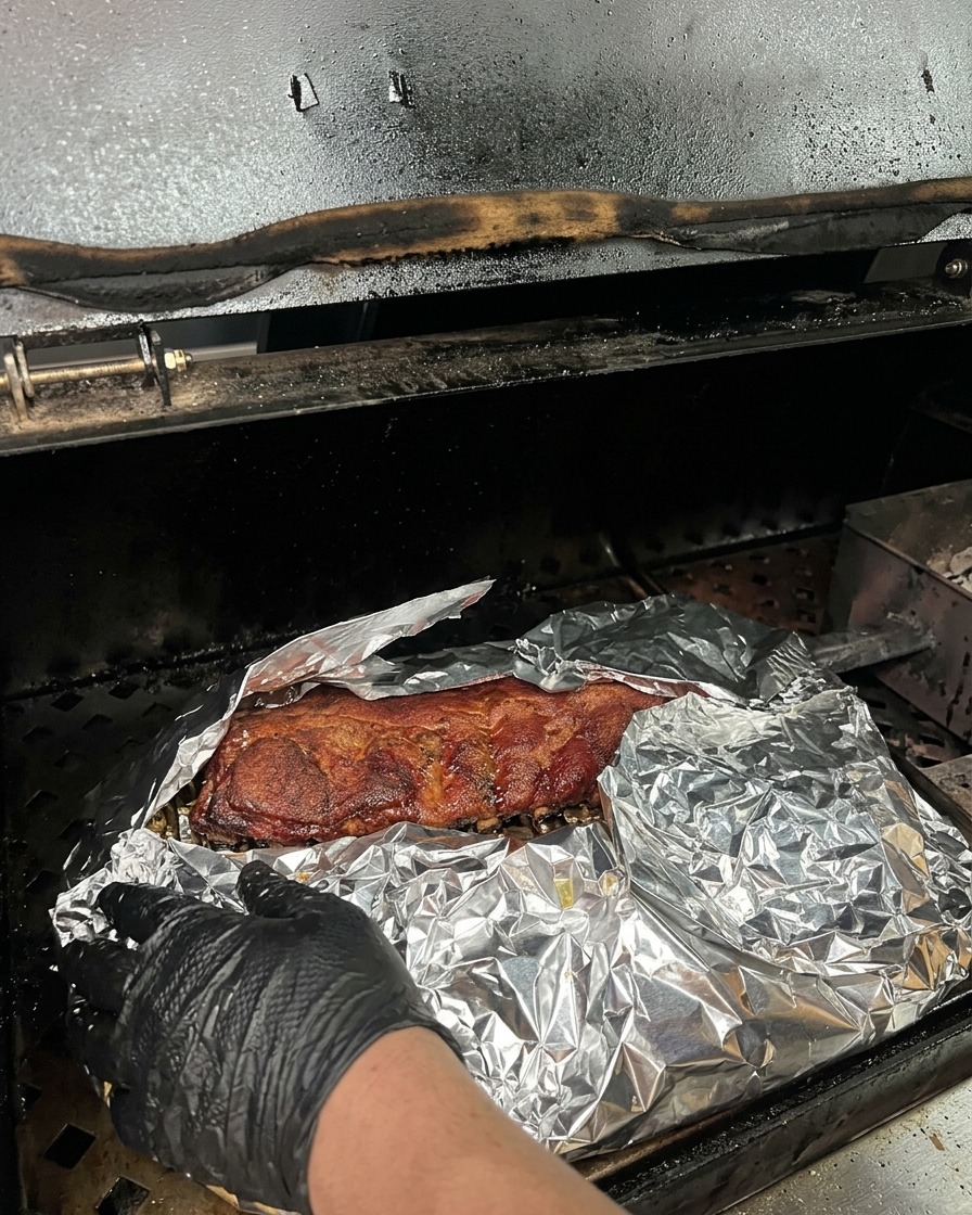 Una gran pieza de brisket ahumado siendo envuelta en varias capas de papel de aluminio resistente sobre la rejilla del ahumador.