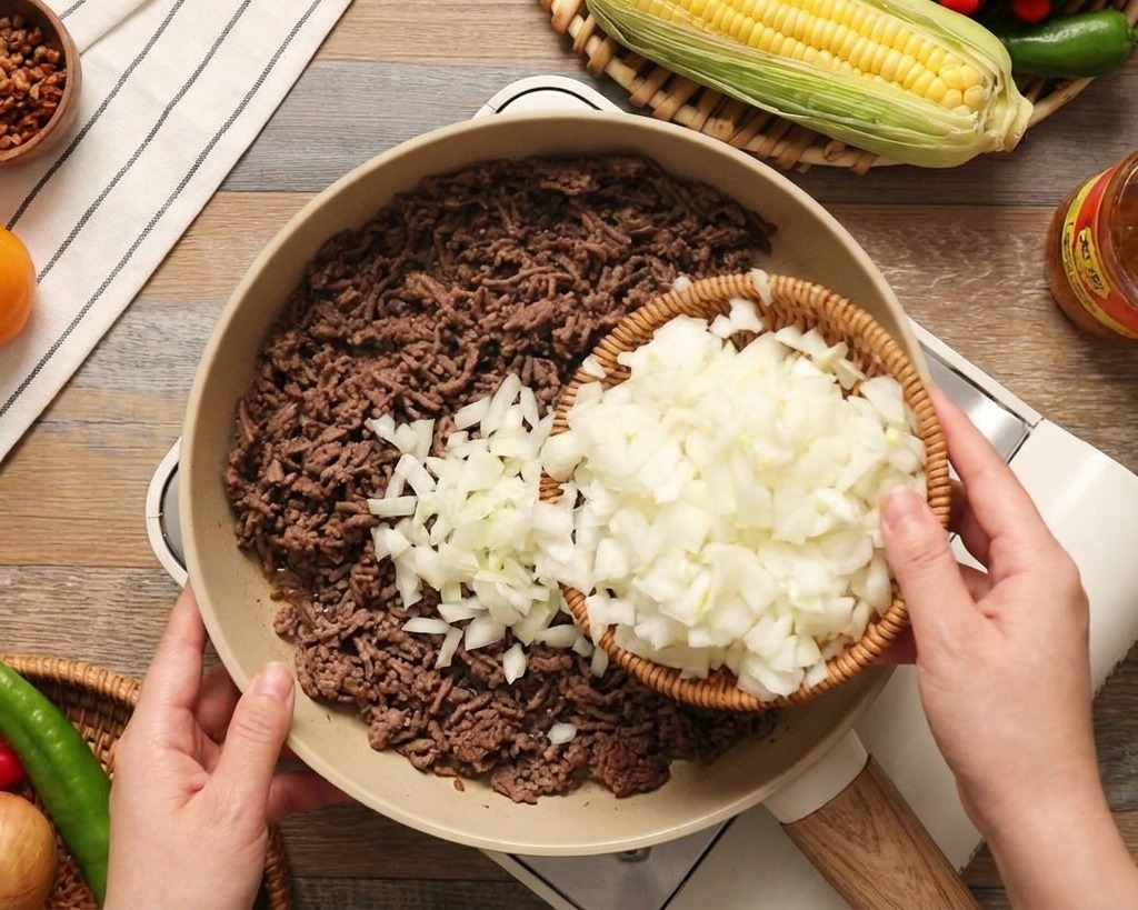 Cebolla blanca picada cayendo desde una pequeña canasta hacia una sartén con carne de res dorándose.