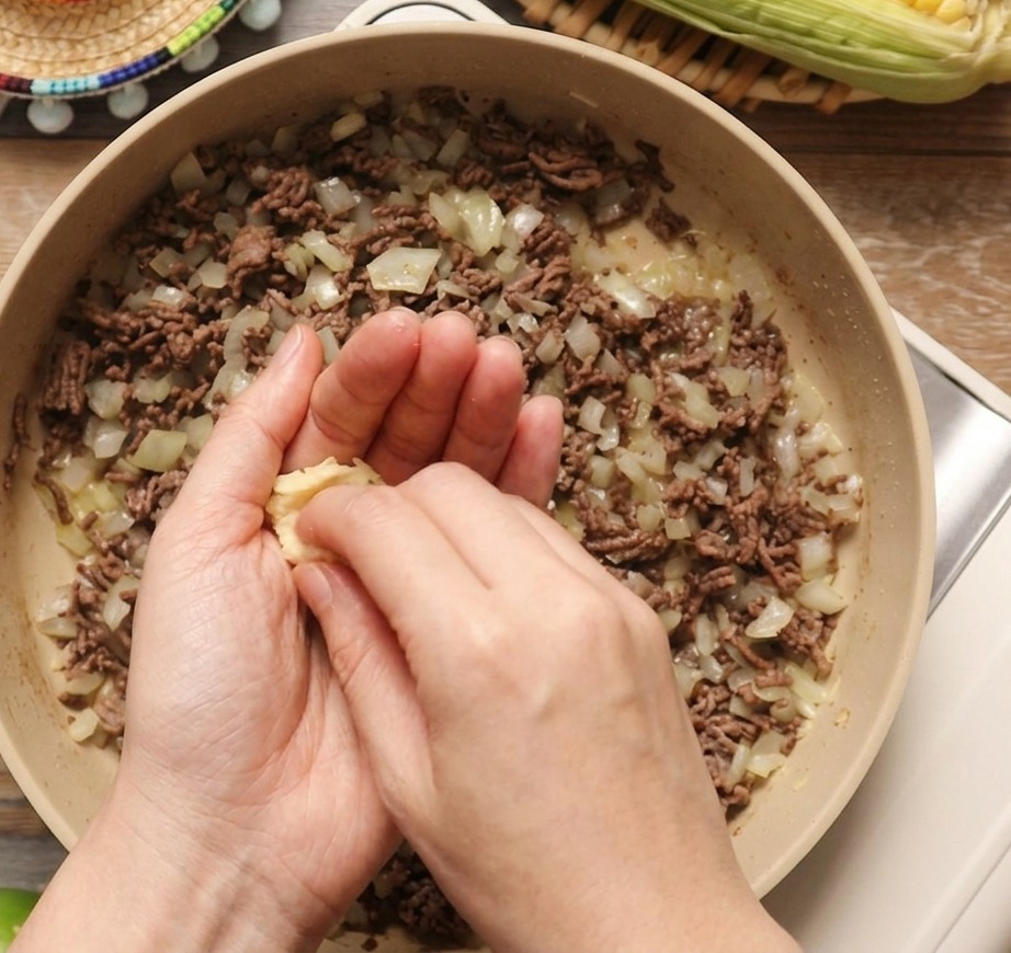 Una mano agregando un diente de ajo a una sartén con carne picada dorada y cebolla.