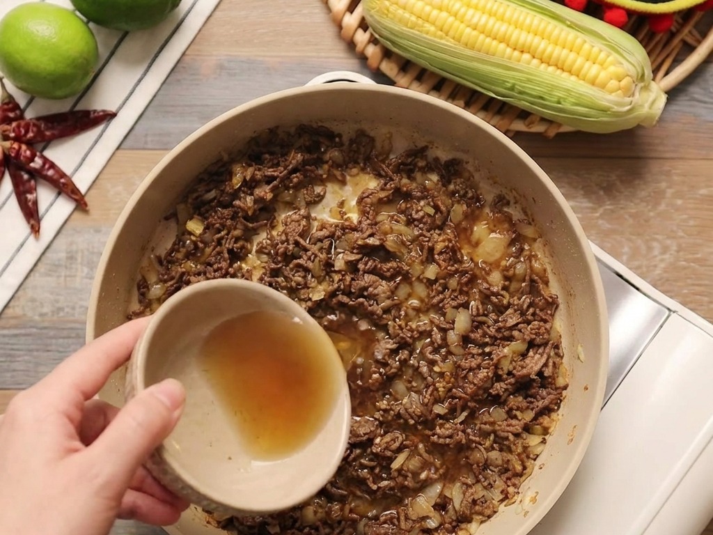 Líquido vertido desde un tazón pequeño en una sartén con carne picada sazonada y cebollas.