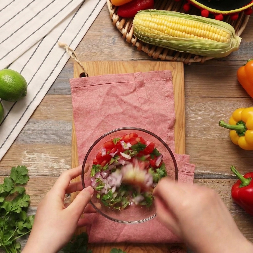 Primer plano de una mano mezclando con una cuchara una salsa fresca de tomates, cebolla y cilantro en un tazón transparente.
