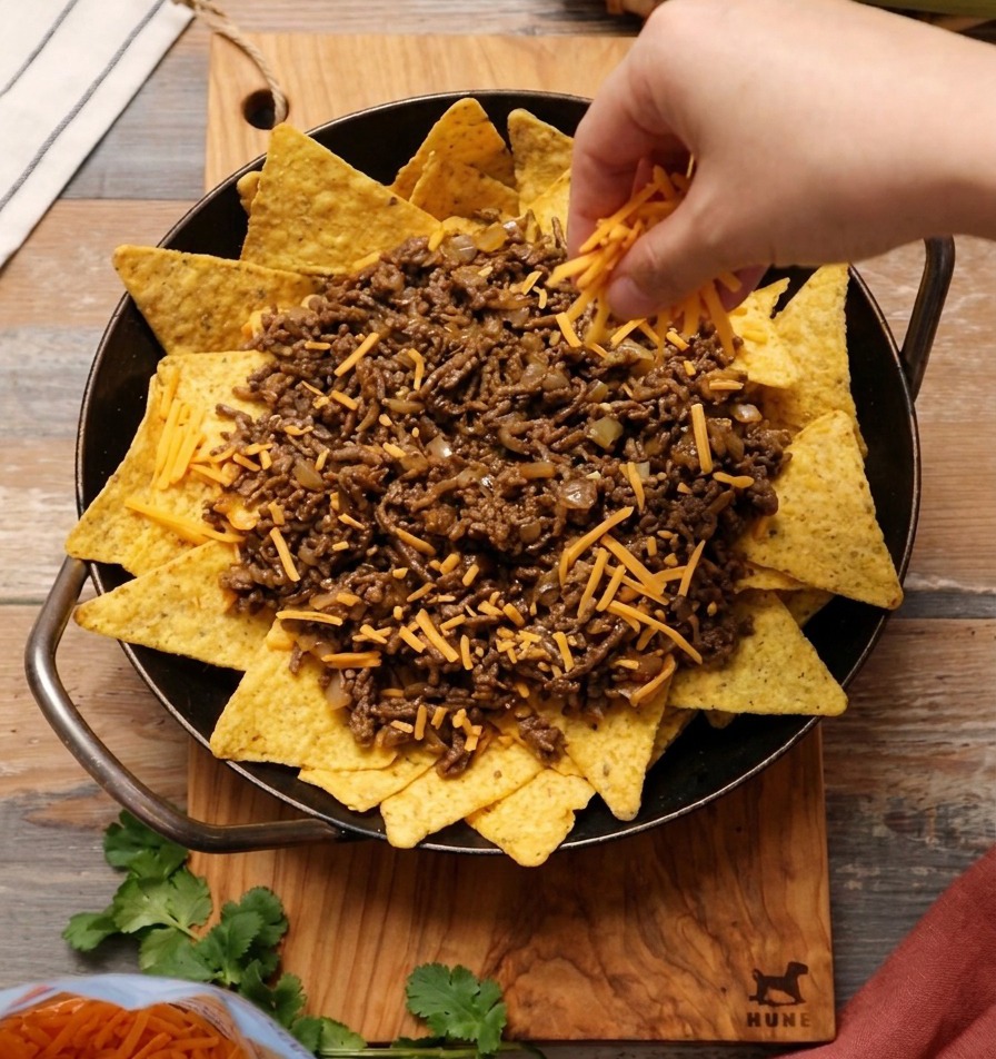 Una mano espolvoreando una cantidad generosa de queso rallado naranja y blanco sobre una sartén de nachos con carne.