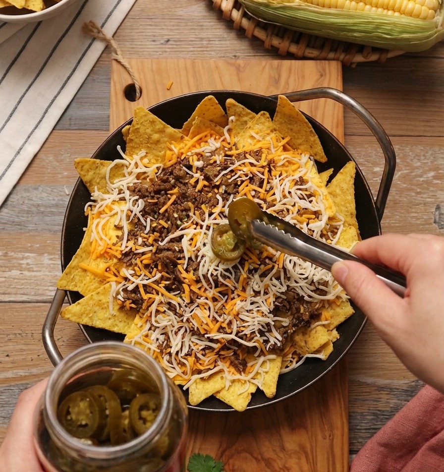 Unas pinzas metálicas colocando rodajas de jalapeño verde sobre una capa de queso rallado y carne en una sartén de hierro fundido.