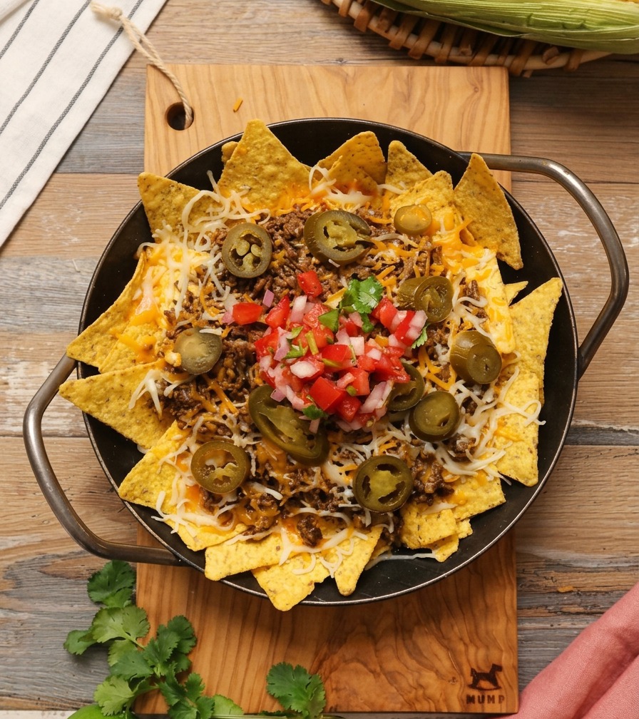 Vista superior de una sartén de nachos con queso fundido cubiertos con una colorida salsa de tomate y cebolla.