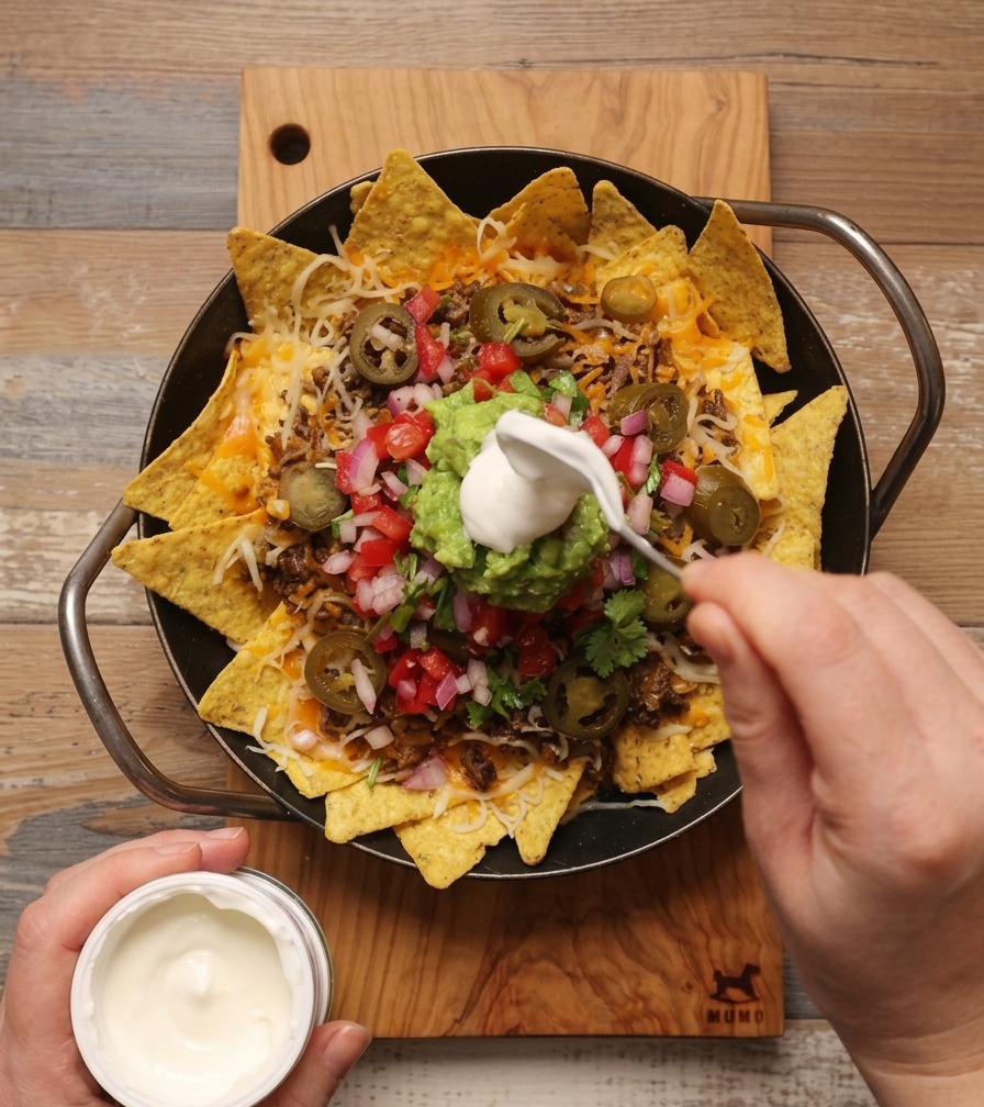 Una cuchara añadiendo una porción de crema agria blanca sobre el guacamole en una sartén de nachos con carne.