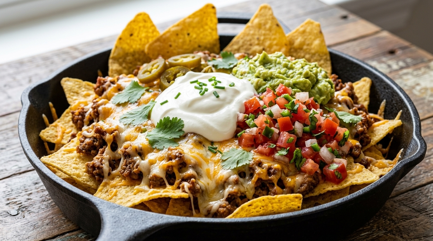Nachos mexicanos con carne y queso fundido acompañados de salsa fresca y guacamole