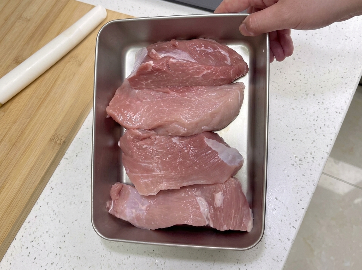 Trozos grandes y frescos de carne magra de pierna de cerdo en una bandeja de acero inoxidable sobre una encimera blanca.