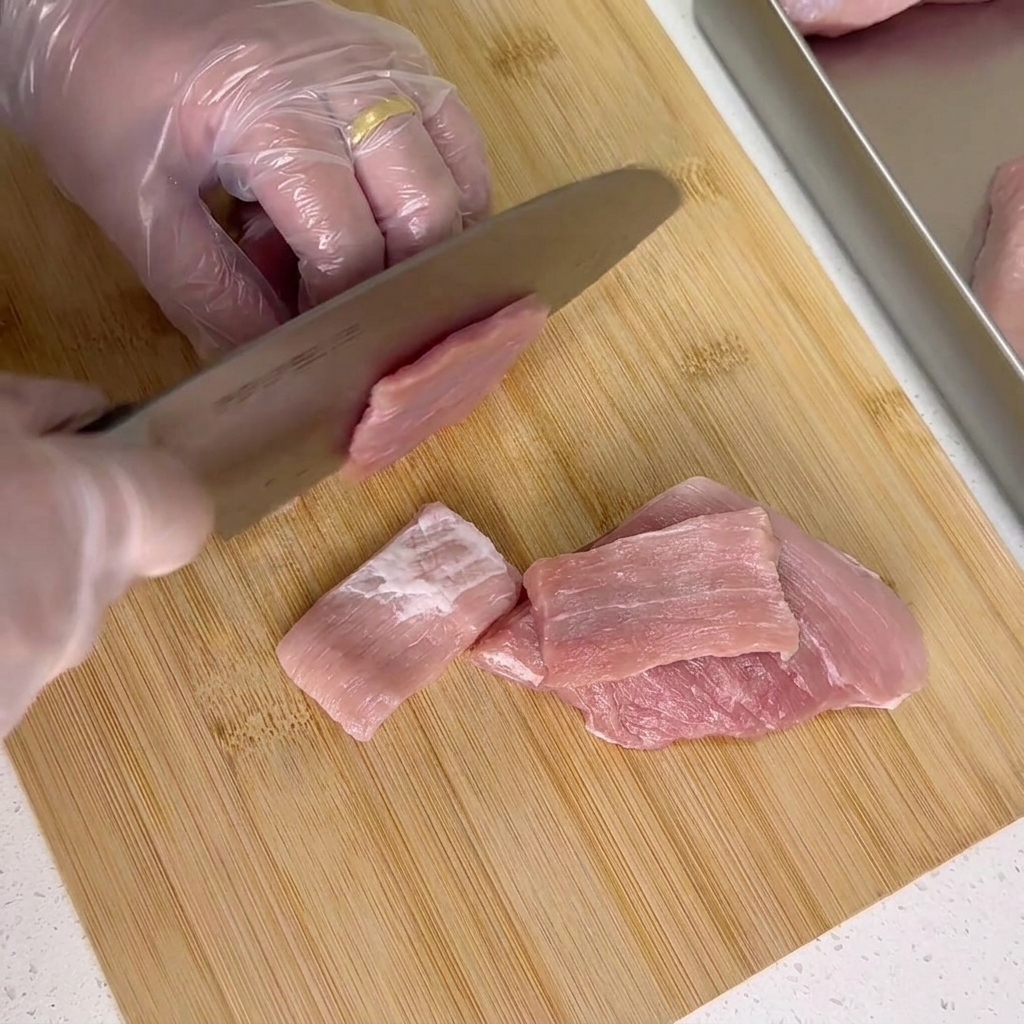 Un chef usando un cuchillo grande de acero inoxidable para cortar rebanadas finas y uniformes de cerdo crudo en una tabla de madera.