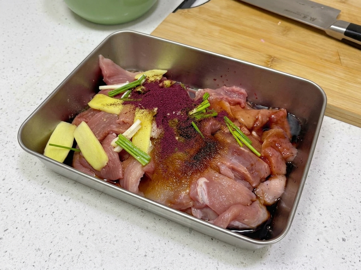 Polvo fino de levadura de arroz rojo esparcido sobre rodajas de cerdo crudo sazonado y hierbas aromáticas.