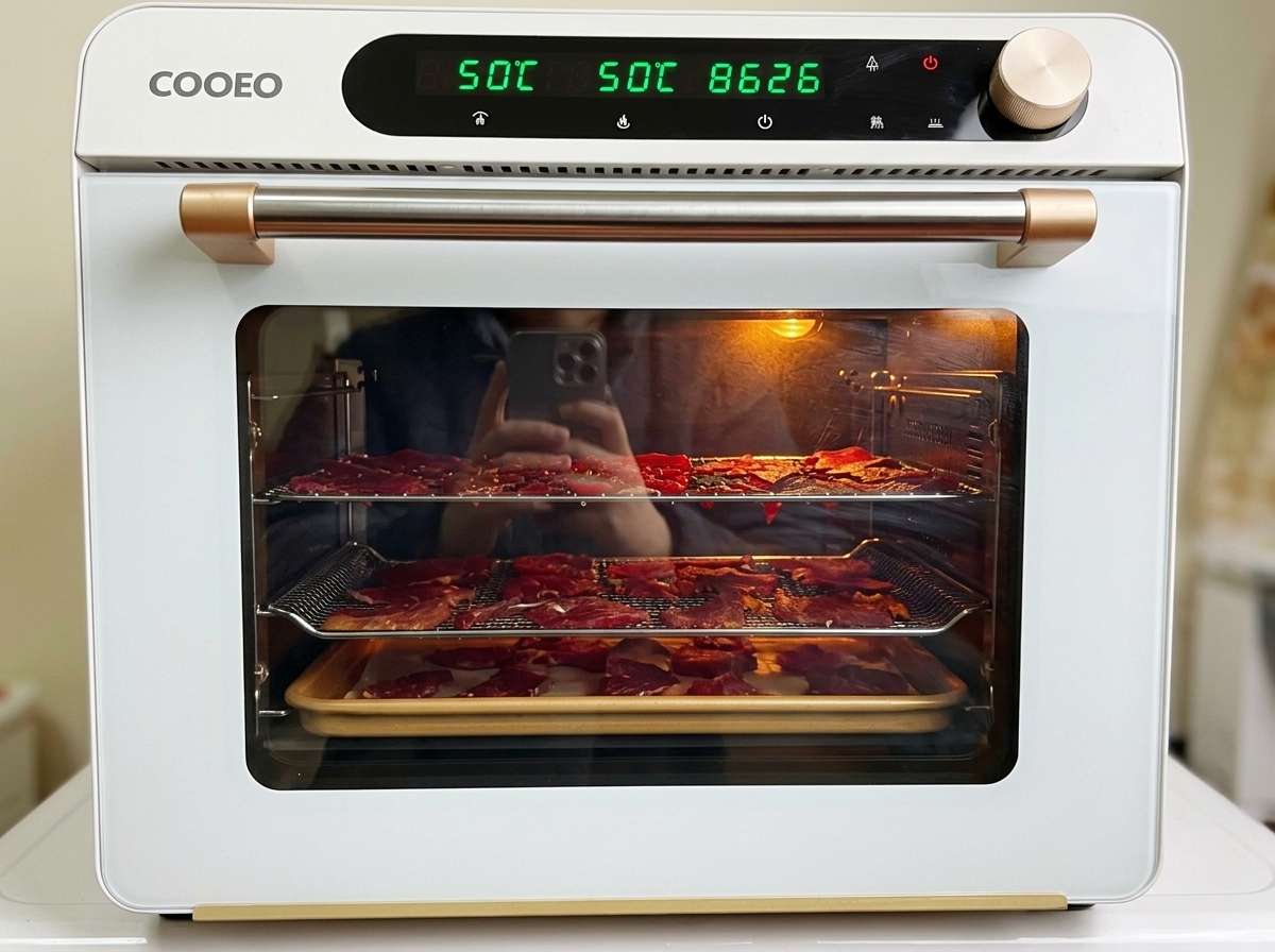 Rodajas de cerdo marinadas dispuestas en rejillas dentro de un horno moderno de color blanco, con la luz encendida y la pantalla digital a 50 grados.
