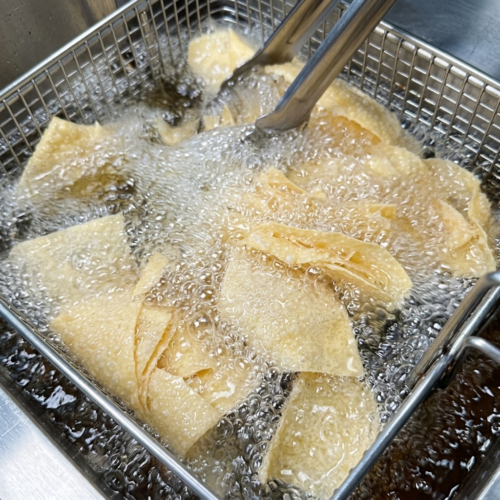 Totopos sumergidos en aceite caliente burbujeante dentro de una freidora de acero inoxidable.