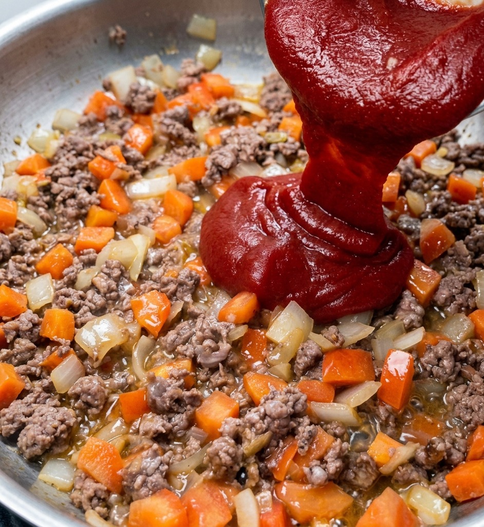 Salsa de tomate espesa vertiéndose sobre una mezcla de carne molida dorada y vegetales.