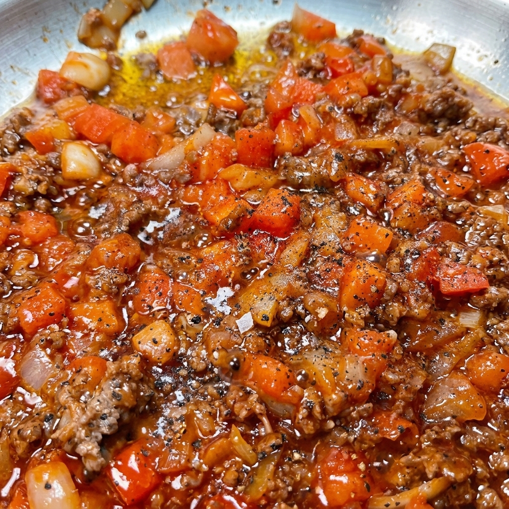 Pimienta negra recién molida cayendo sobre una salsa de carne con vegetales a fuego lento.