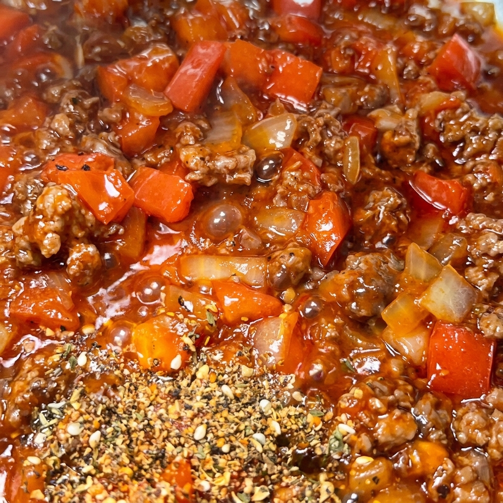 Una mezcla de especias secas sobre una salsa de carne burbujeante.