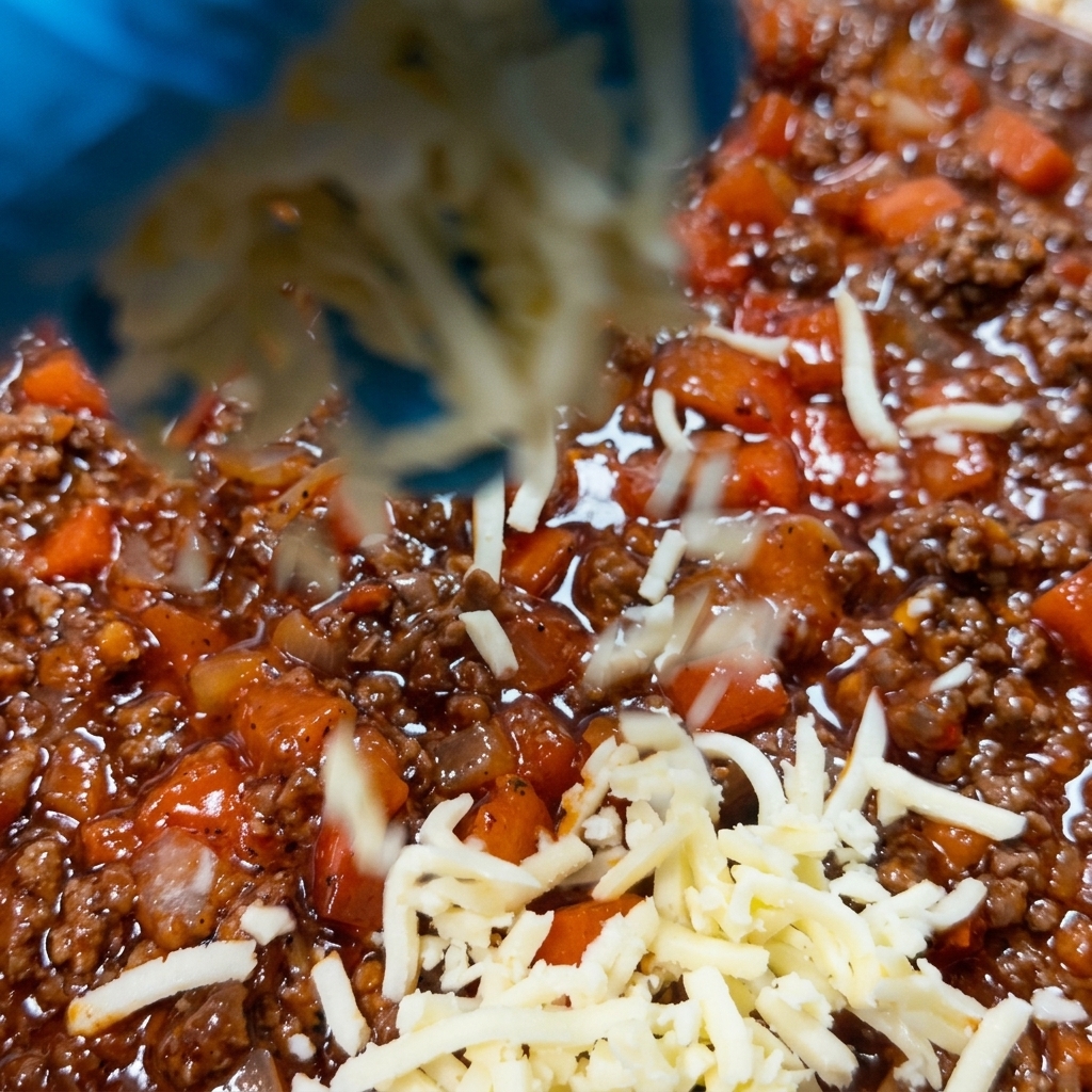 Queso mozzarella rallado siendo espolvoreado sobre una salsa de carne roja en una sartén.
