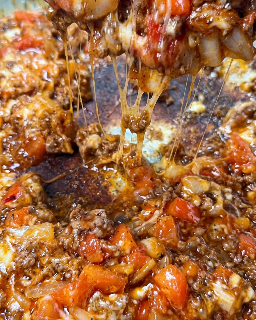 Primer plano de una cuchara levantando salsa de carne con largos hilos de queso mozzarella derretido.