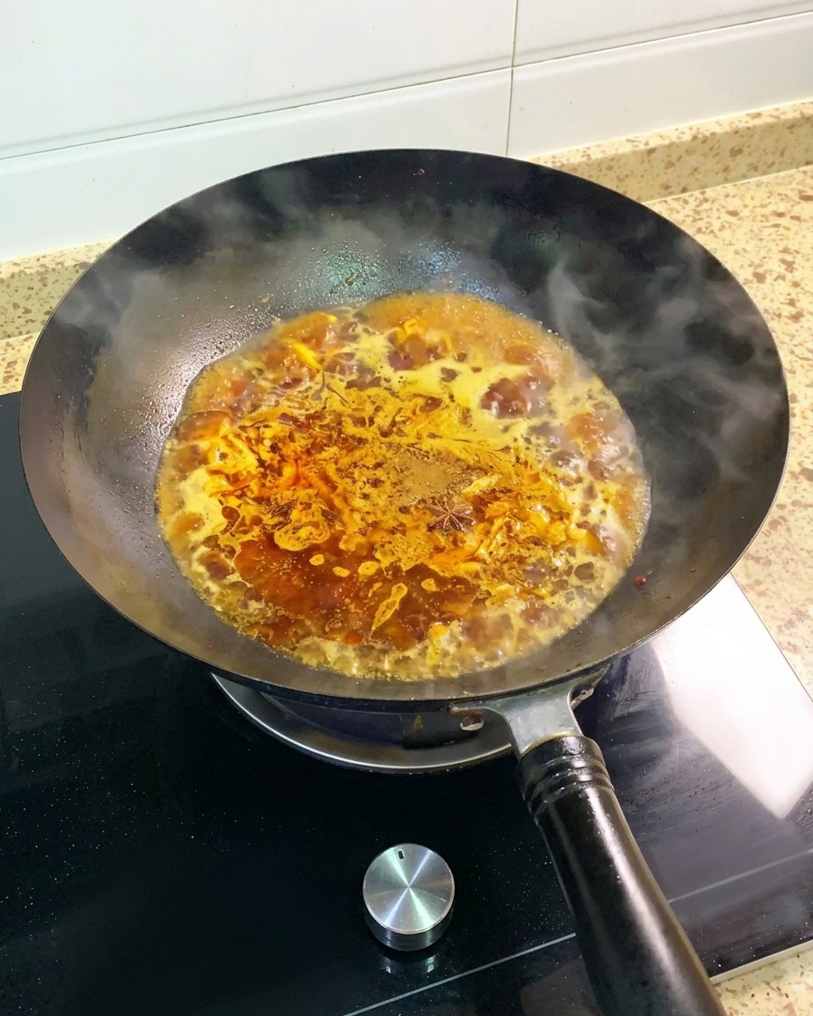 La base de sopa especiada hirviendo a fuego lento y burbujeando en el wok con vapor subiendo de la superficie.
