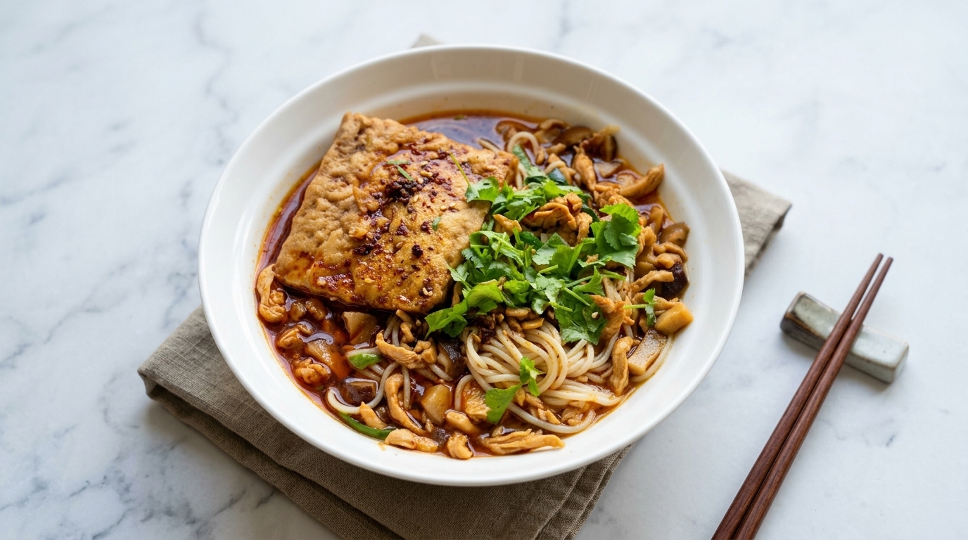 Fideos con Pollo Desmechado Picante y Tofu Guisado (Ji Si Mian)