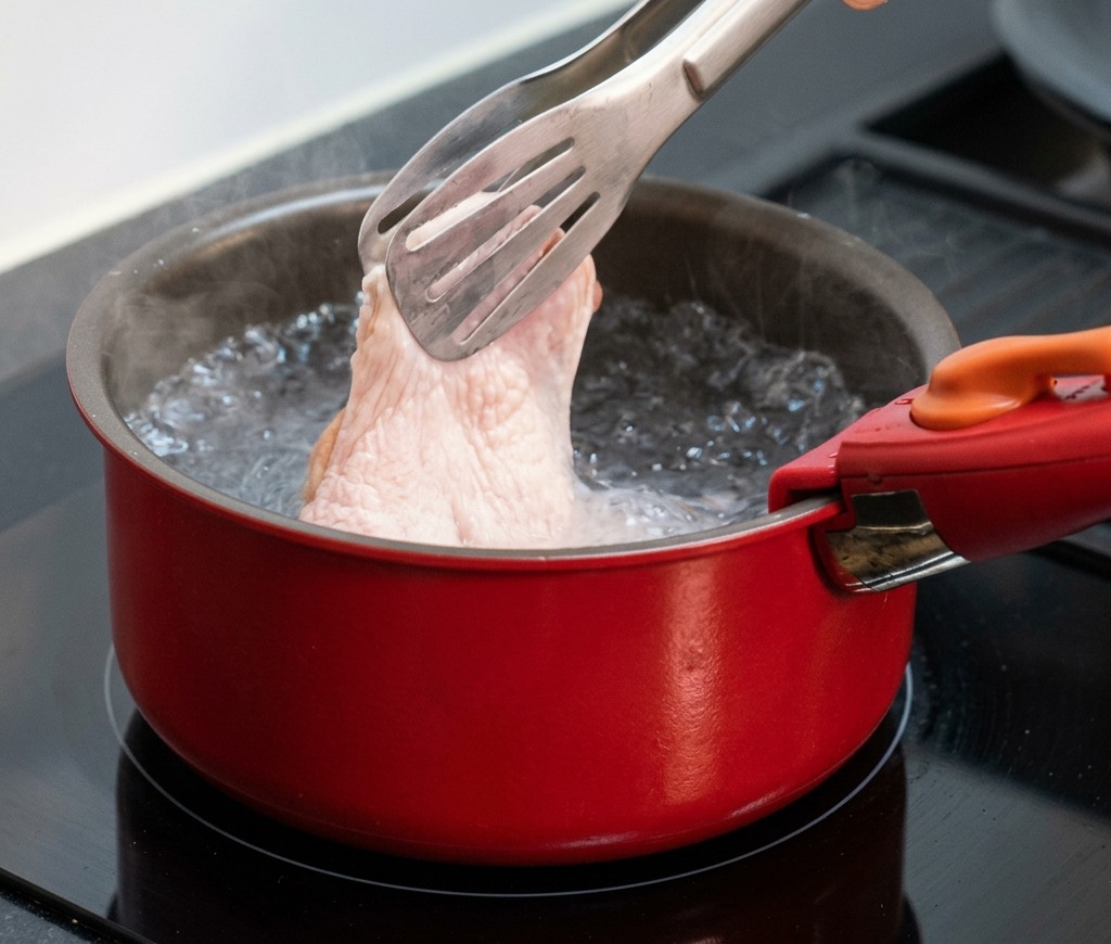 Una mano usando pinzas de metal para sumergir un contramuslo de pollo crudo en una olla roja con agua hirviendo a borbotones sobre una placa de inducción.