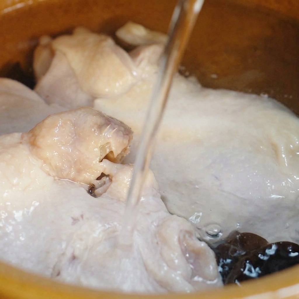 Un primer plano de un chorro constante de agua limpia vertiéndose sobre los contramuslos de pollo blanqueados dentro de una olla de cerámica.