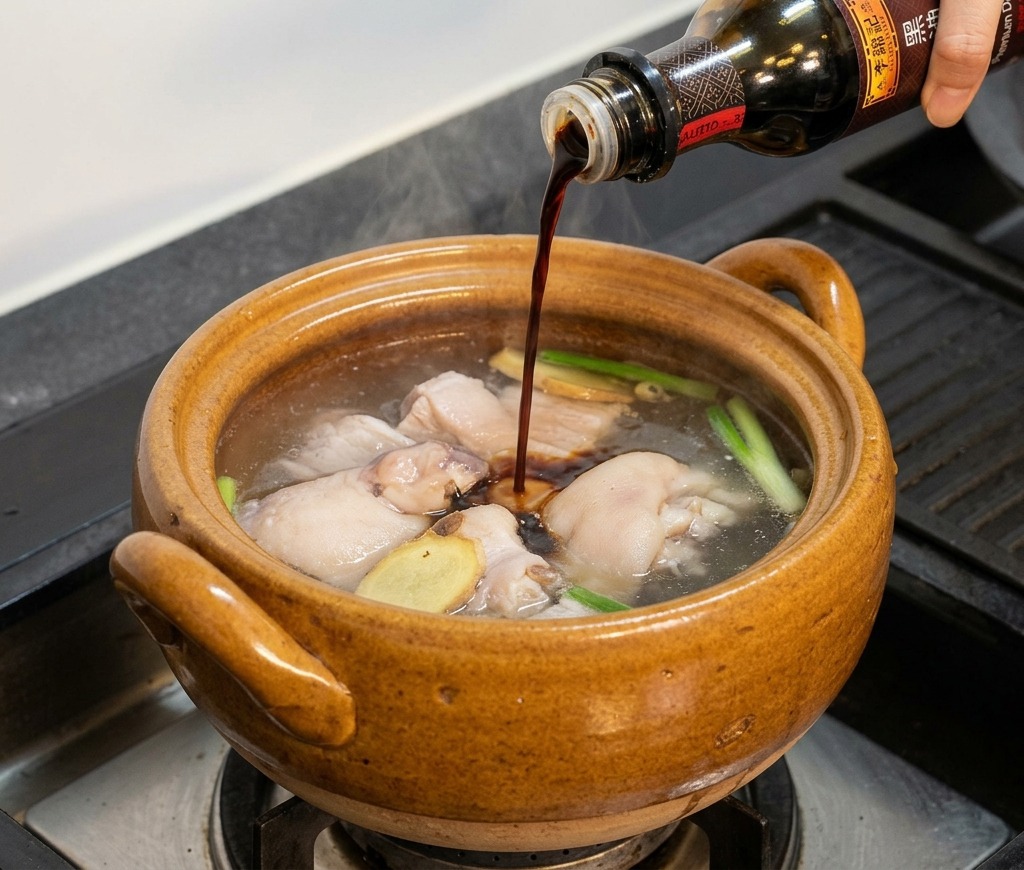 Salsa de soja oscura vertiéndose desde una botella en una olla de cerámica que contiene pollo y kombu.