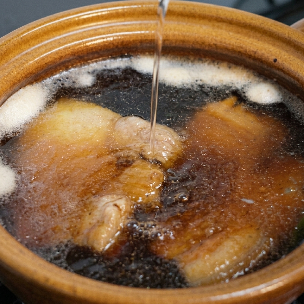 Un chorro de vino de arroz transparente vertiéndose en una olla de cerámica que contiene contramuslos de pollo y un caldo oscuro a base de soja.