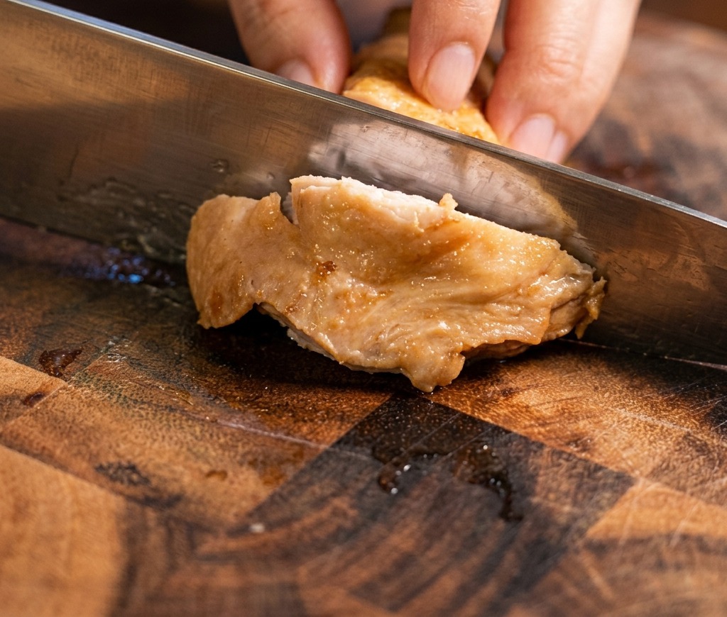 Una persona usando un cuchillo de cocina para cortar un contramuslo de pollo cocido en tiras finas sobre una tabla de cortar de madera oscura.