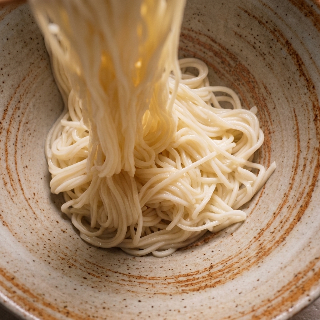 Un nido de fideos de trigo blanco cocidos siendo colocado en un tazón de cerámica rústica con palillos de madera largos.