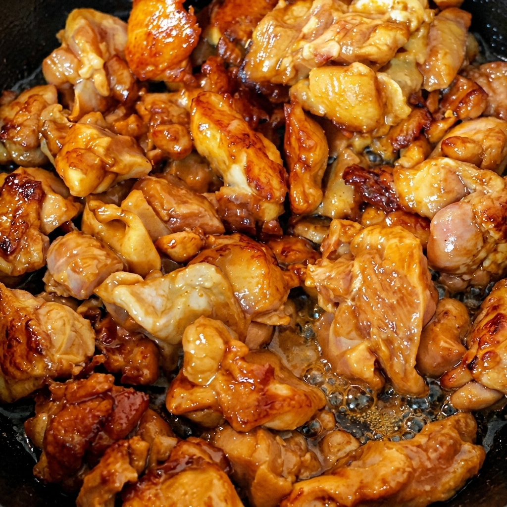 Primer plano de trozos de muslo de pollo dorados y glaseados friéndose en un wok caliente con vapor visible y burbujas de aceite.