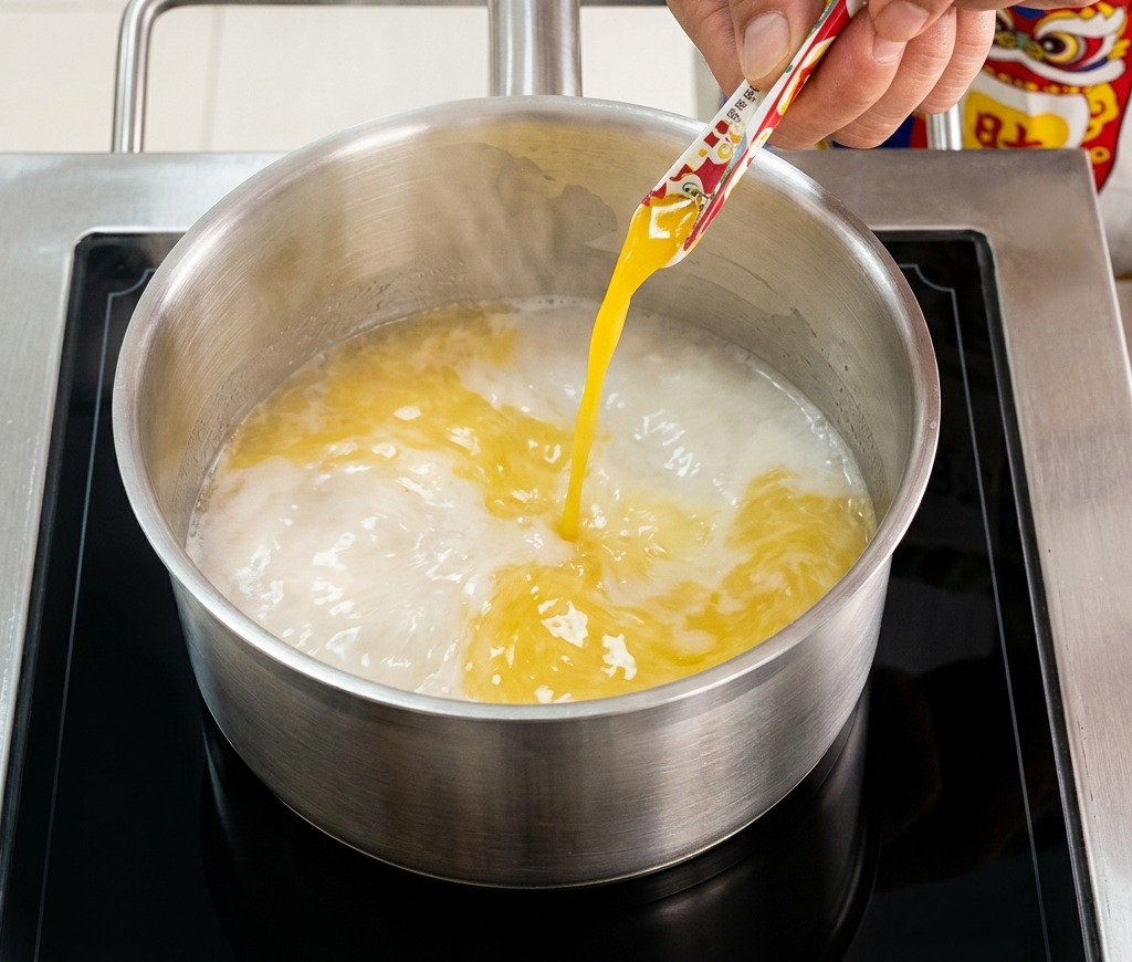 Una persona virtiendo un paquete de sazonador dorado para sopa de pollo en una olla de acero inoxidable con agua hirviendo sobre una estufa de inducción.