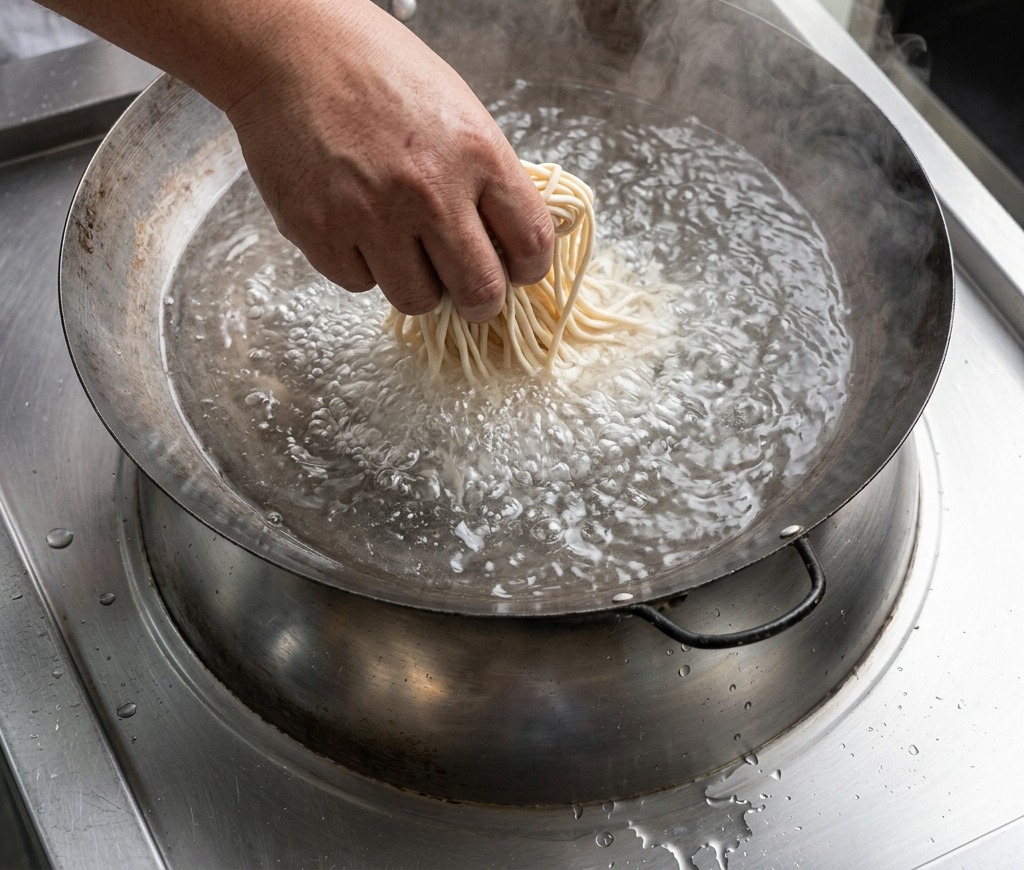 Una mano colocando un nido de fideos finos y secos de trigo en un wok grande con agua hirviendo.