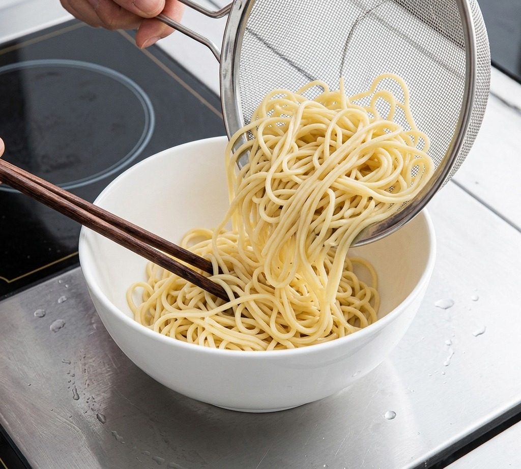 Fideos siendo acomodados en forma de nido ordenado dentro de un tazón de cerámica blanca usando palillos de madera.
