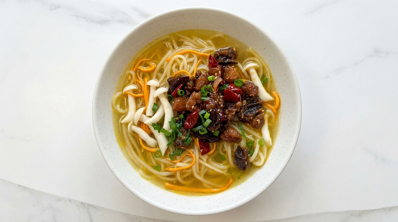 Fideos en Sopa de Pollo Picante con Flor de Cordyceps y Setas