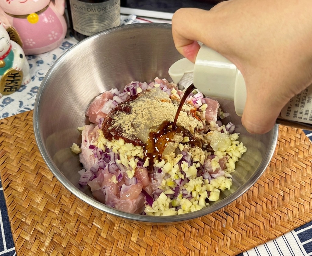 Una mano vertiendo salsa de soja clara desde una botella blanca en un bol de acero inoxidable con trozos de pollo crudo, cebolla morada picada y una porción de pasta de chile coreana.