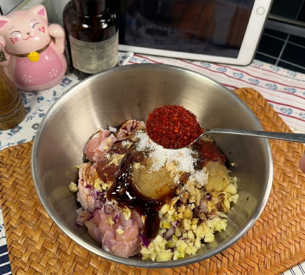 Una cuchara metálica añadiendo chile en polvo de color rojo vivo al bol con pollo y otros ingredientes de sazón.