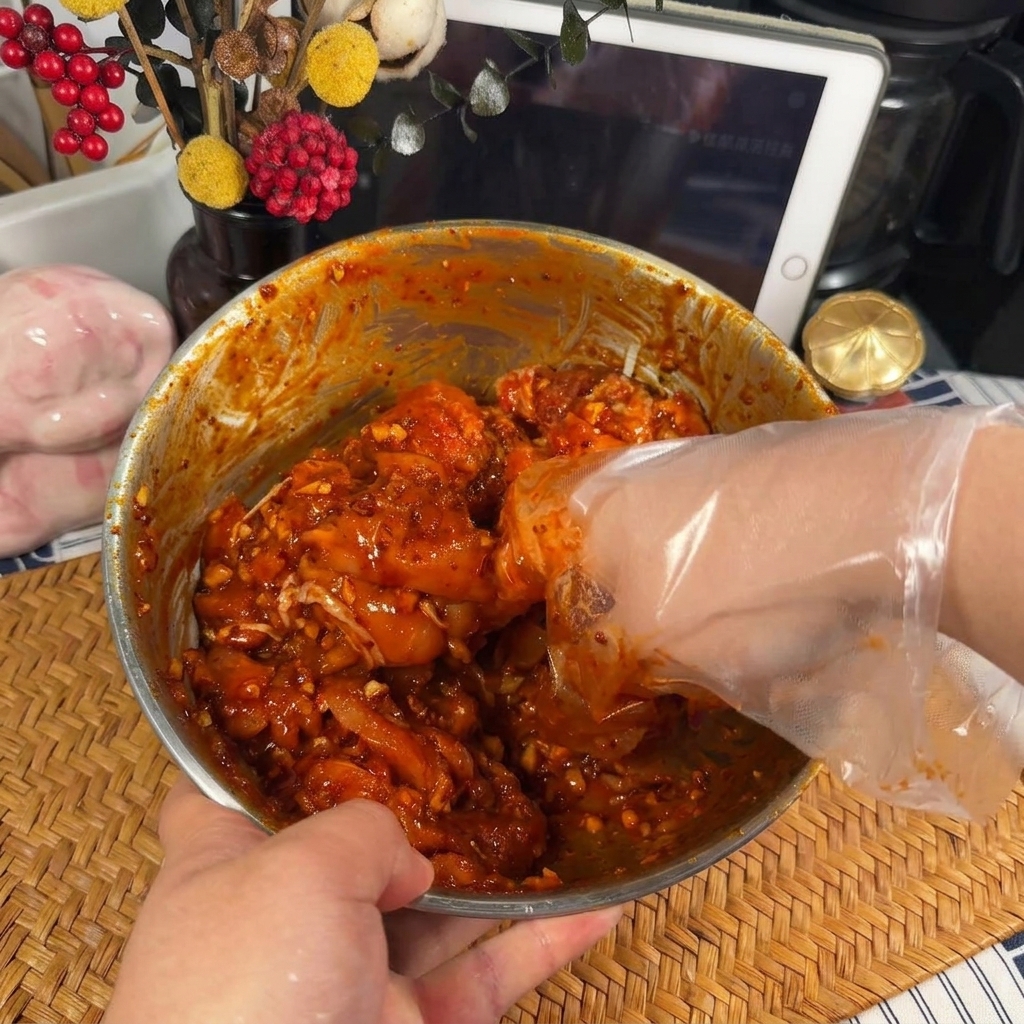 Una mano con un guante de plástico transparente mezclando trozos de pollo crudo con un marinado picante, espeso y de color rojo vibrante en un bol metálico.