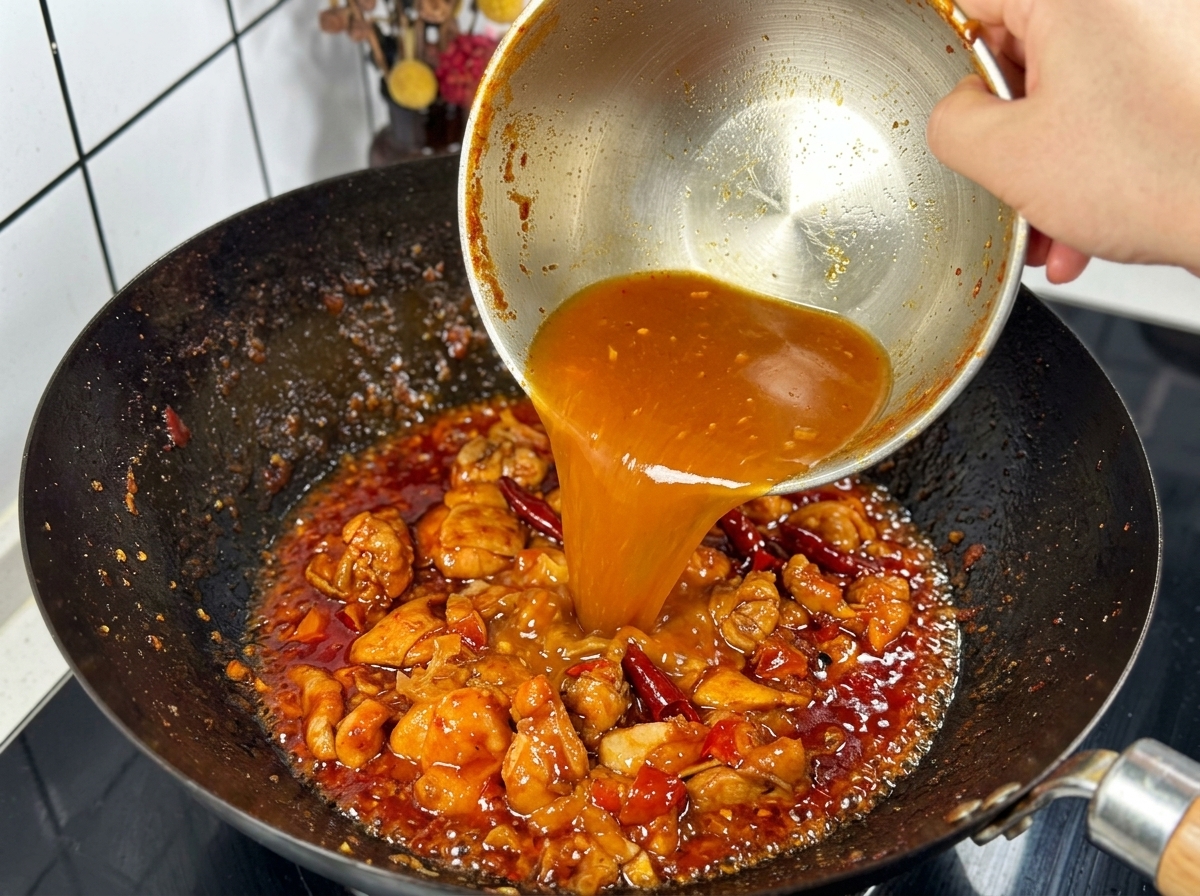 Una persona vertiendo un líquido naranja claro desde un bol de acero inoxidable hacia un wok oscuro con trozos de pollo salteados y chiles rojos secos.