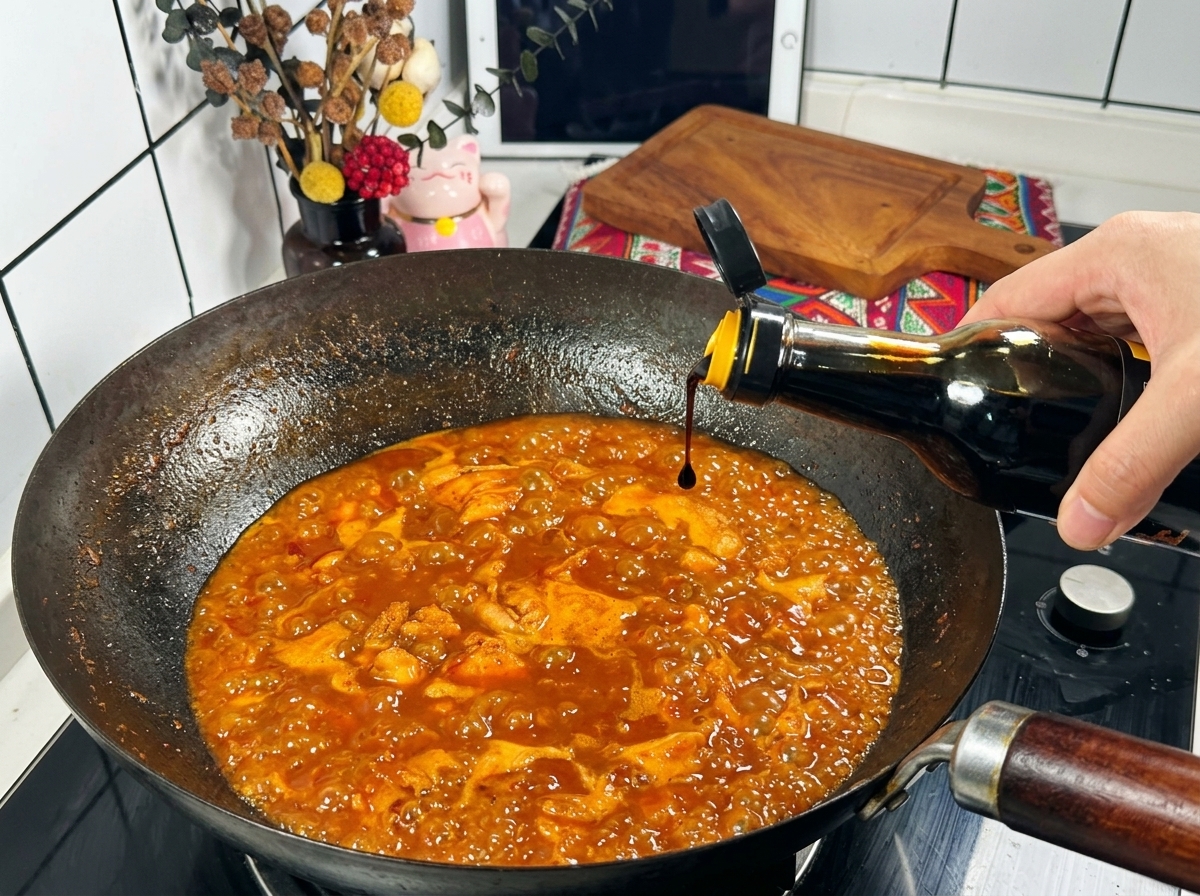 Una mano vertiendo salsa de soja oscura desde una botella de vidrio en un wok hirviendo lleno de salsa de pollo picante roja.