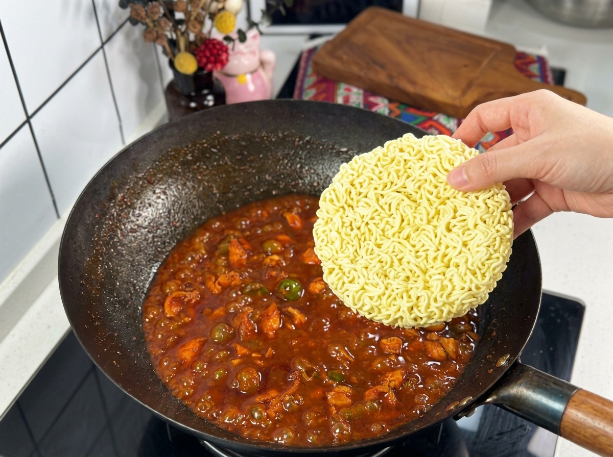 Una mano sosteniendo un bloque redondo de fideos de ramen instantáneos amarillos sobre un wok con salsa roja burbujeante y pollo.