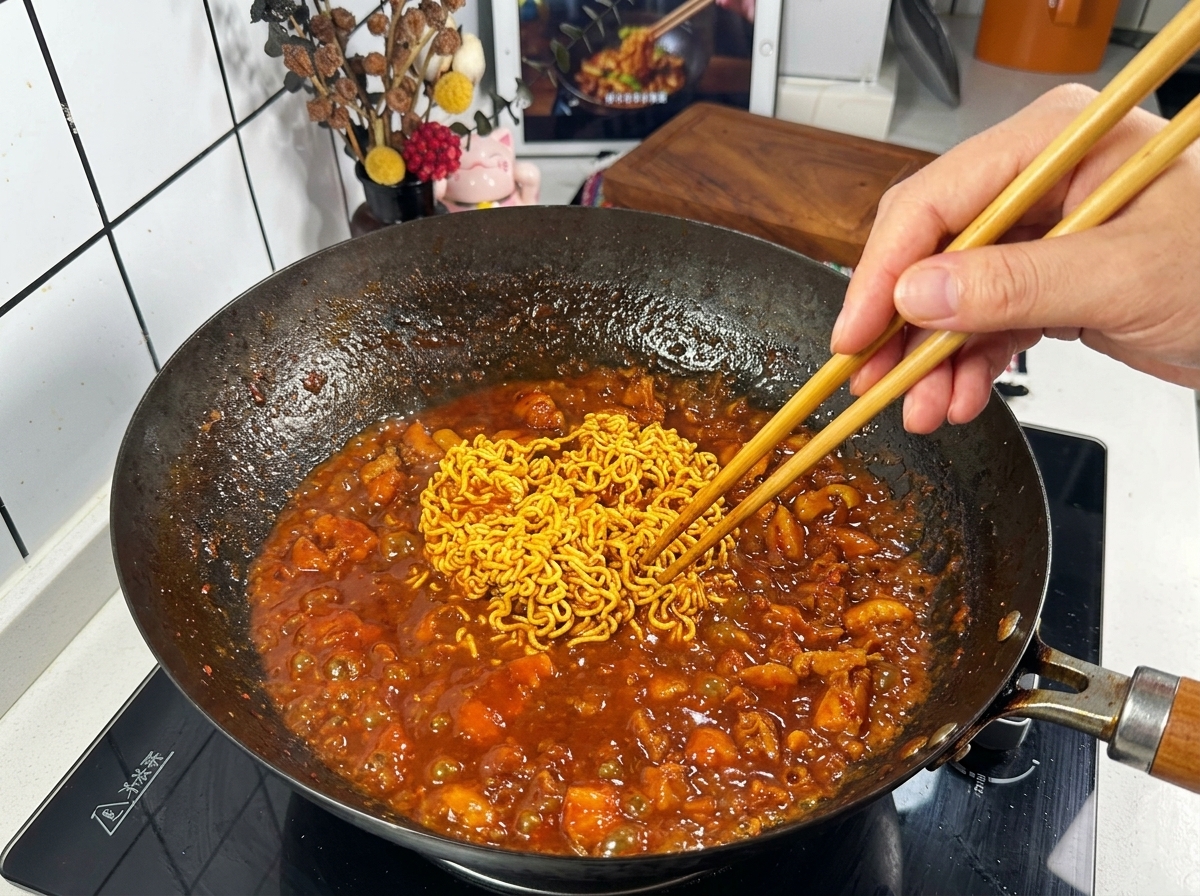 Palillos de madera separando una masa de fideos instantáneos que hierven a fuego lento en una salsa roja oscura y espesa dentro de un gran wok negro.