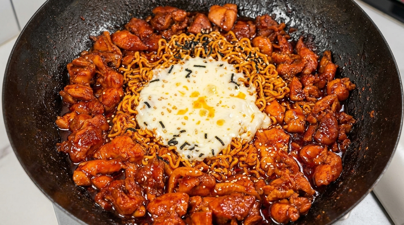 Fideos Coreanos de Pollo Picante con Mozzarella Derretida