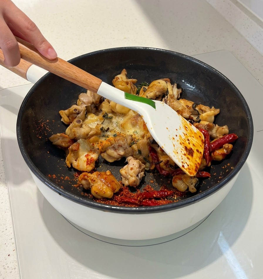 Una espátula blanca salteando trozos de pollo, chiles rojos secos y chile en polvo en una sartén, con un aceite rojo que empieza a cubrir los ingredientes.