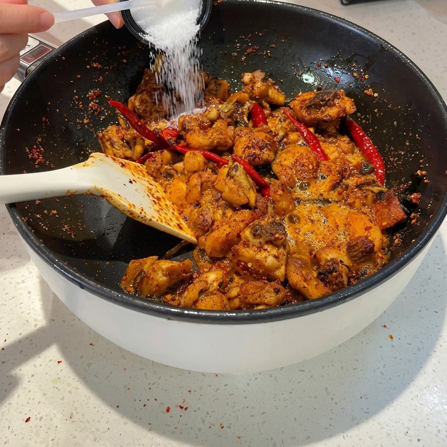 Una cuchara blanca espolvoreando sal y azúcar sobre una sartén con pollo picante salteado y chiles rojos.