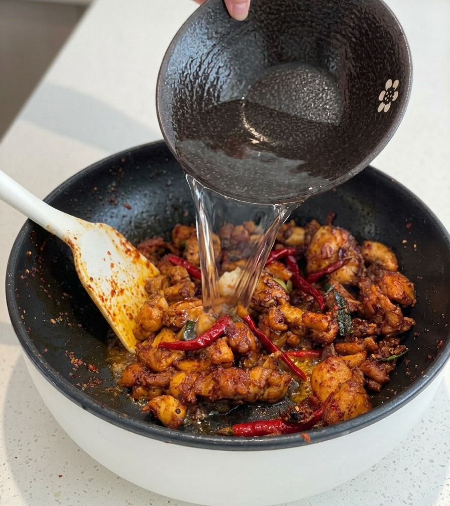 Agua vertiéndose desde un cuenco negro en una sartén con trozos de pollo rojo picante.